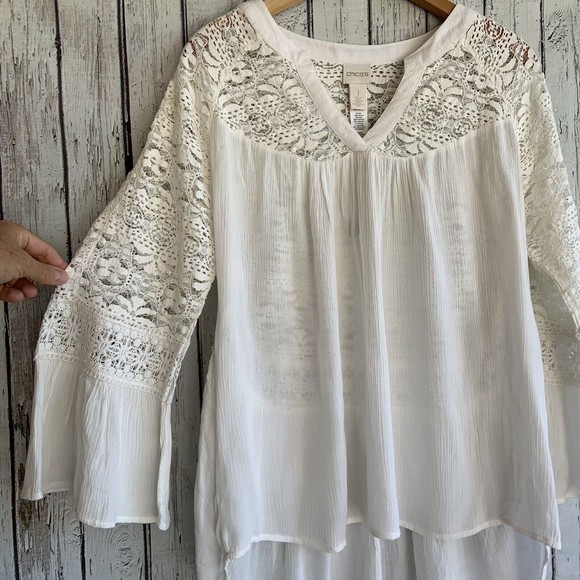 Chicos Lace Detail Popover Tunic Blouse Top Cream Bell Sleeves Feminine Size M - Picture 3 of 12